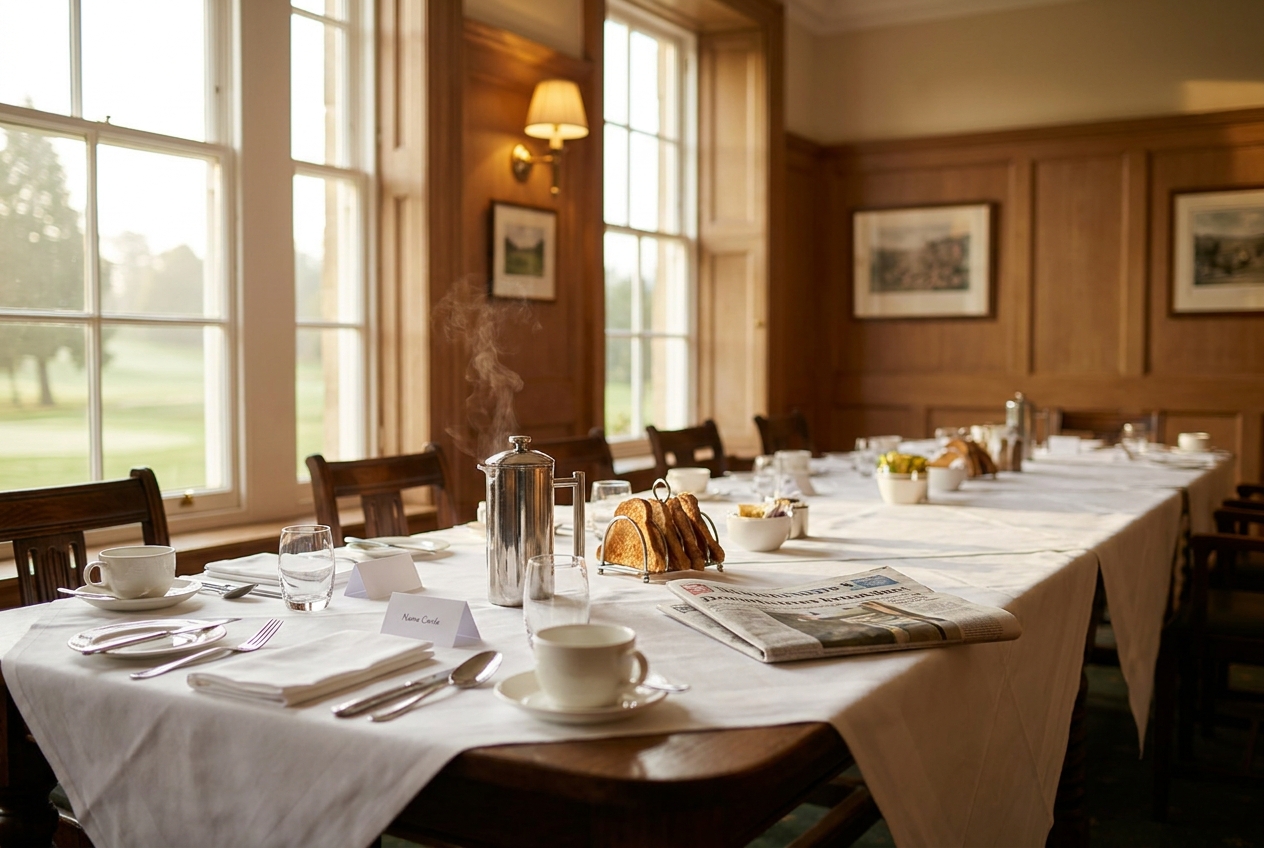 A long table set for
a business breakfast beside tall windows looking onto a fairway