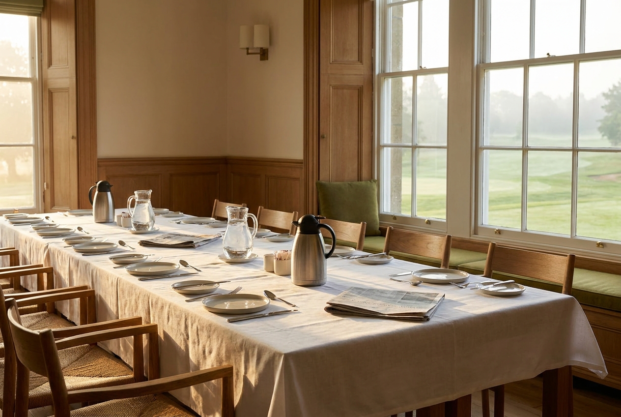 A long table set for
        a business breakfast beside tall windows looking onto a fairway
