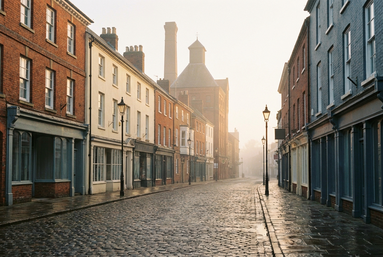 An English market town
        high street at early morning, with a maltings tower behind